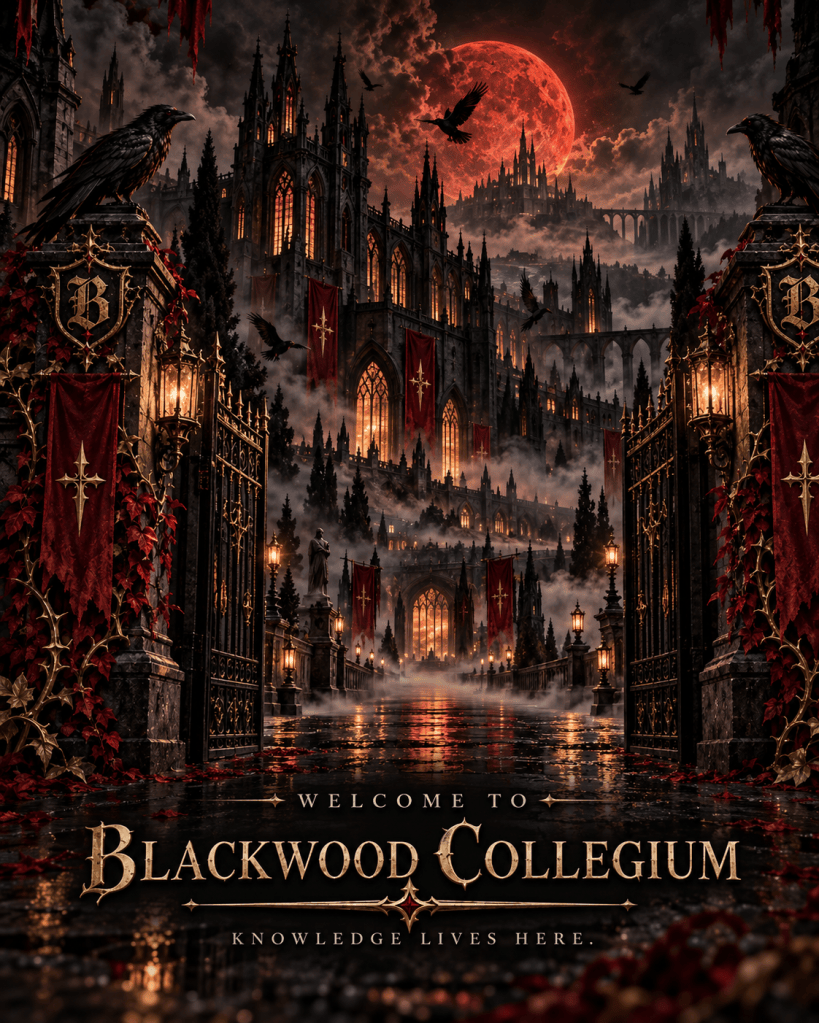 Blackwood Collegium beneath a blood-red moon with ravens circling over the gothic magical university.